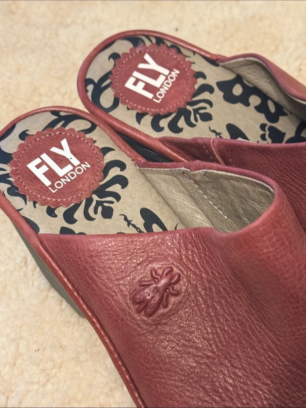 Fly London Red Leather Open-Toe Slide Mules